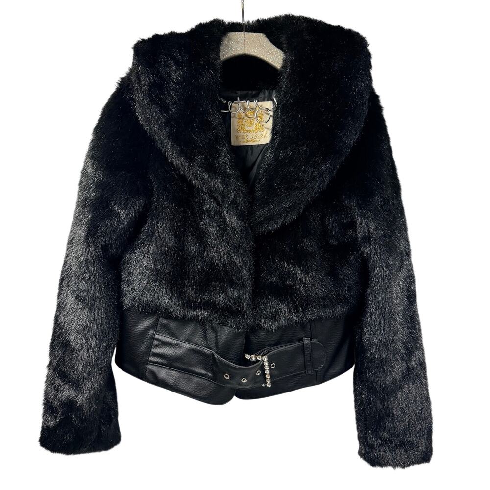 Wetseal Jacket Faux Fur Cropped Black Rhinestone Belt y2k